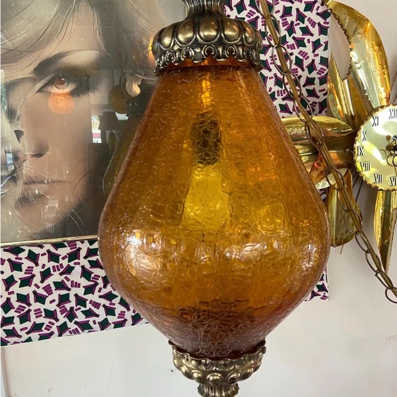Vintage swag lamp large crackled amber glass Hollywood regency teardrop - Picture 2 of 9
